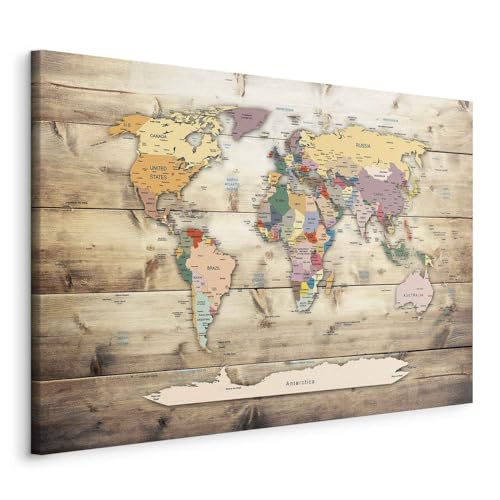 B&D XXL - Wandbilder XXL 120x80 cm 1 tlg - Wand Deko Vlies Leinwand Bilder Groß Wanddeko Wohnzimmer Schlafzimmer Kunstdrucke - Poster Weltkarte Kontinente Welt Karte Holz k-B-0009-b-b von Cuadros B&D XXL