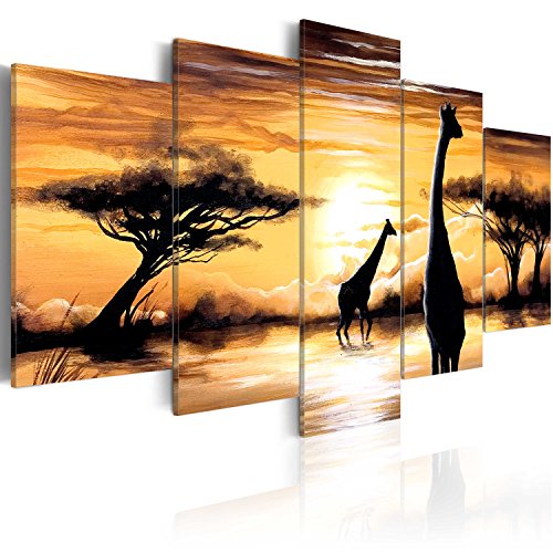 B&D XXL - Wandbilder XXL Afrika 100x50cm 5 tlg - Wand Deko Leinwand Bilder Groß Wanddeko Wohnzimmer Schlafzimmer Kunstdrucke - Savanne Sonnenuntergang Giraffe Natur wie gemalt von Cuadros B&D XXL
