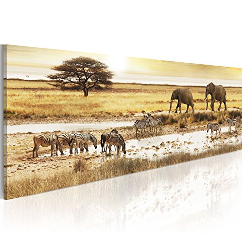 B&D XXL - Wandbilder XXL Afrika 90x30 cm 1 tlg - Wand Deko Vlies Leinwand Bilder Groß Wanddeko Wohnzimmer Schlafzimmer Kunstdrucke Panoramabild - Savanne Tiere Natur Zebra Elefant von B&D XXL