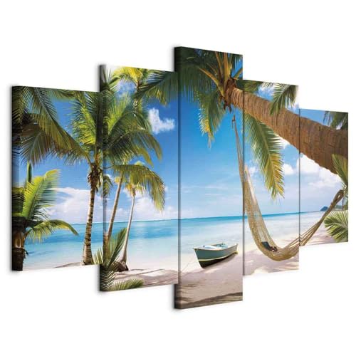 B&D XXL - Wandbilder XXL Meer und Strand 100x50cm 5 tlg - Wand Deko Leinwand Bilder Groß Wanddeko Wohnzimmer Schlafzimmer Kunstdrucke - Landschaft Palmen Boot Insel 020112-20 von B&D XXL