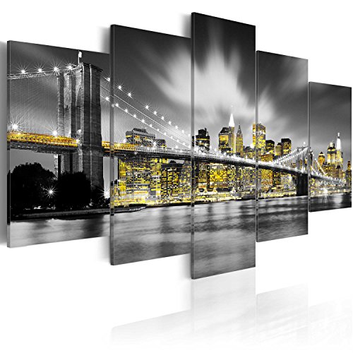 B&D XXL - Wandbilder XXL Skyline Manhattan 100x50cm 5 tlg - Wand Deko Leinwand Bilder Groß Wanddeko Wohnzimmer Schlafzimmer Kunstdrucke - New York City in der Nacht Panorama von Cuadros B&D XXL