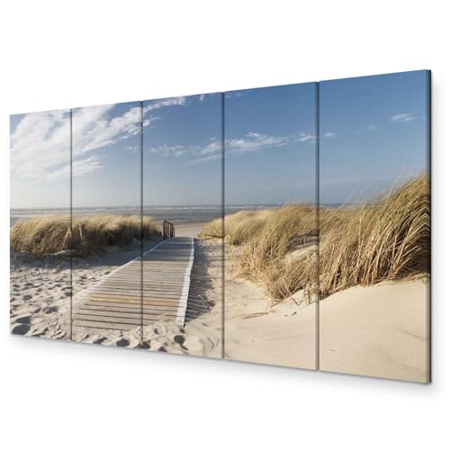 B&D XXL - Wandbilder XXL Strand Meer 100x40 cm 5 tlg Wand Deko Leinwand Bilder Groß Wanddeko Wohnzimmer Schlafzimmer Kunstdrucke - Landschaft Sand Himmel Grass Urlaub Wolken Natur c-C-0176-b-m von B&D XXL