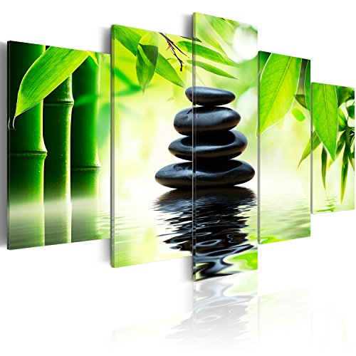 B&D XXL - Wandbilder XXL Zen 100x50cm 5 tlg - Wand Deko Leinwand Bilder Groß Wanddeko Wohnzimmer Schlafzimmer Kunstdrucke - Steine Bambus Blätter Natur Wasser grün 020110-166 von Cuadros B&D XXL