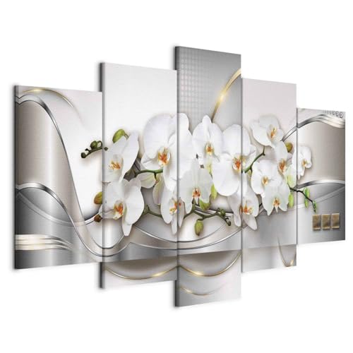B&D XXL - Wandbilder XXL Blumen Orchidee 200x100cm 5 tlg - Wand Deko Leinwand Bilder Groß Wanddeko Wohnzimmer Schlafzimmer Kunstdrucke - Abstrakt Natur grau a-A-0004-b-n von Cuadros B&D XXL