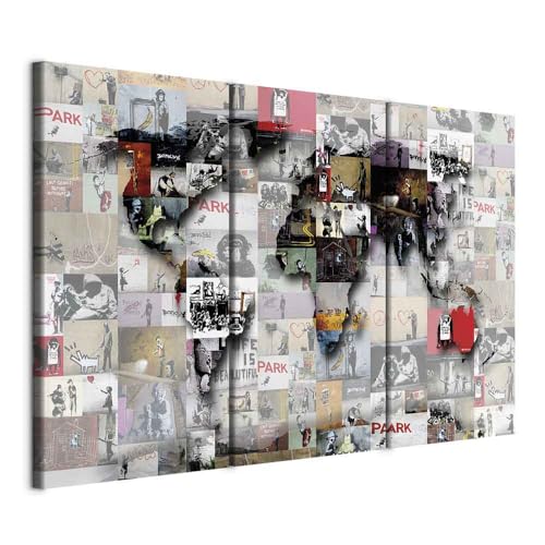 B&D XXL - Akustikbild BANKSY Weltkarte Bilder Akustikschaum Hochleistungsschallabsorber Schallschutz Leinwand 3 tlg Wandbild Raumakustik Schalldämmung k-C-0057-b-f von B&D XXL