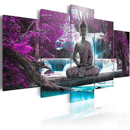 murando - Bilder 150x75 cm Vlies Leinwandbild 5 tlg Kunstdruck modern Wandbilder XXL Wanddekoration Design Wand Bild - Buddha Landschaft Natur Wasserfall Baum Wald c-A-0021-b-o von B&D XXL