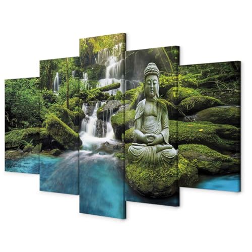 B&D XXL - Leinwandbilder 200x100 cm Vlies Leinwandbild Bilder 5 tlg Kunstdruck modern Wandbilder Groß XXL Wohnzimmer Wanddekoration Wandbild Wand Bild - Buddha Natur Landschaft Wasserfall c-C-0019-b-n von Cuadros B&D XXL
