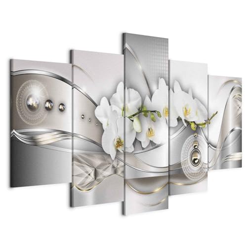 murando - Wandbilder XXL Abstrakt 200x100 cm 5 tlg Wand Deko Leinwand Bilder Groß Wanddeko Wohnzimmer Schlafzimmer Kunstdrucke - Blumen Orchidee Ornament Perlen Grau Silber b-A-0073-b-n von B&D XXL