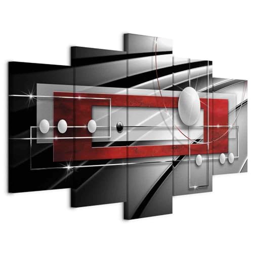B&D XXL - Leinwand Bilder Abstrakt 200x100 cm Vlies Leinwandbild 5 tlg Kunstdruck modern Wandbilder Groß XXL Wohnzimmer Wanddekoration Wand Bild - geometrische Formen Kugel grau schwarz rot silber von Cuadros B&D XXL