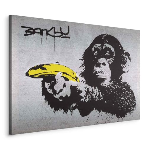 B&D XXL - Wandbilder XXL Banksy Monkey with Banana Gun 120x80 cm 1 tlg Wand Deko Leinwand Bilder Groß Wanddeko Wohnzimmer Schlafzimmer Kunstdrucke - Affe mit bananen Pistole Street Art 030115-40 von B&D XXL