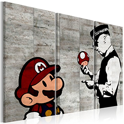 murando - Bilder Banksy Super Mario Mushroom Cop 120x80 cm Vlies Leinwandbild 3 Teilig Kunstdruck modern Wandbilder XXL Wanddekoration Design Wand Bild - Street Art Graffiti Urban Beton von B&D XXL