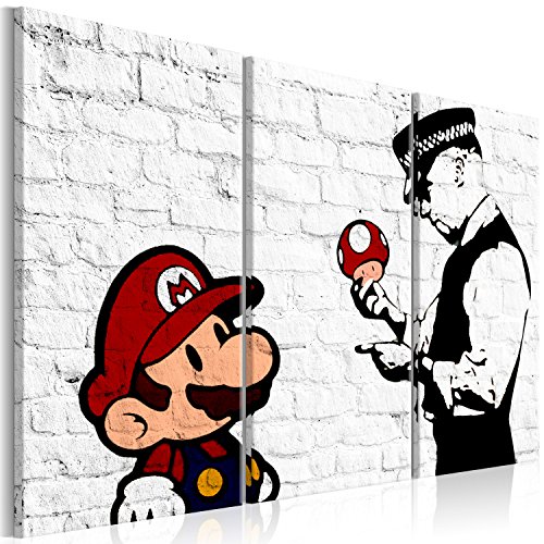 murando - Bilder Banksy Super Mario Mushroom Cop 120x80 cm Vlies Leinwandbild 3 Teilig Kunstdruck modern Wandbilder XXL Wanddekoration Design Wand Bild - Street Art Graffiti Urban Ziegel von B&D XXL