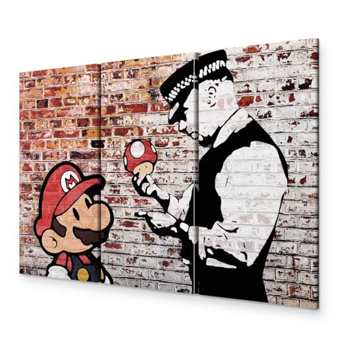 murando - Bilder Banksy Super Mario Mushroom Cop 120x80 cm Vlies Leinwandbild 3 Teilig Kunstdruck modern Wandbilder XXL Wanddekoration Design Wand Bild - Street Art Graffiti Urban Ziegel von B&D XXL