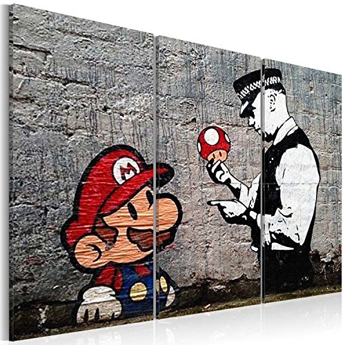 murando - Bilder Banksy Super Mario Mushroom Cop 135x90 cm Vlies Leinwandbild 3 Teilig Kunstdruck modern Wandbilder XXL Wanddekoration Design Wand Bild - Street Art Graffiti Urban Ziegel von B&D XXL