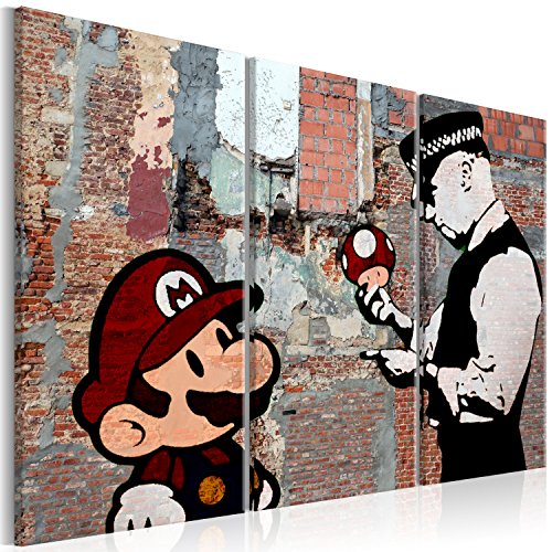 murando - Bilder Banksy Super Mario Mushroom Cop 90x60 cm Vlies Leinwandbild 3 Teilig Kunstdruck modern Wandbilder XXL Wanddekoration Design Wand Bild - Street Art Graffiti Urban Ziegel von B&D XXL