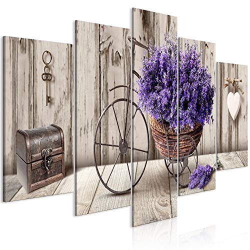 murando - Bilder Blumen 100x50 cm Vlies Leinwandbild 5 tlg Kunstdruck modern Wandbilder XXL Wanddekoration Design Wand Bild - Lavendel Holzoptik Herz Fahrrad b-C-0644-b-m von B&D XXL