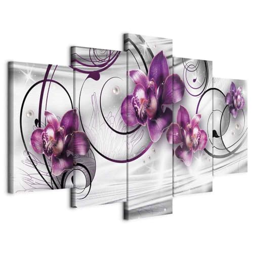 B&D XXL - Wandbilder XXL Blumen 100x50cm 5 tlg - Wand Deko Leinwand Bilder Groß Wanddeko Wohnzimmer Schlafzimmer Kunstdrucke - Orchidee Ornament Perlen bokeh grau violett 020110-146 von Cuadros B&D XXL