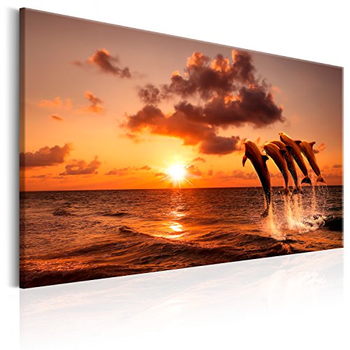 B&D XXL - Wandbilder XXL Delfine 90x60 cm 1 tlg - Wand Deko Vlies Leinwand Bilder Groß Wanddeko Wohnzimmer Schlafzimmer Kunstdrucke - Tier Meerslebens Natur Meer See Sonnenuntergang von B&D XXL