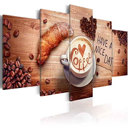 B&D XXL - Wandbilder XXL Kaffee 225x112cm 5 tlg - Wand Deko Leinwand Bilder Groß Wanddeko Wohnzimmer Schlafzimmer Kunstdrucke - Coffee Küche Kaffeebohnen Holzptik f-A-0013-b-a von B&D XXL