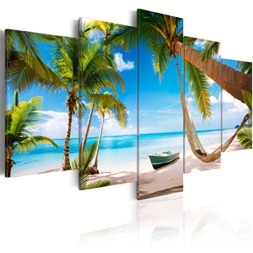 B&D XXL - Wandbilder XXL Meer und Strand 200x100cm 5 tlg - Wand Deko Leinwand Bilder Groß Wanddeko Wohnzimmer Schlafzimmer Kunstdrucke - Landschaft Palmen Boot Insel 020112-20 von Cuadros B&D XXL
