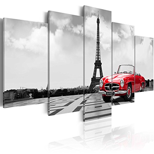 murando - Bilder Paris 150x75 cm Vlies Leinwandbild 5 tlg Kunstdruck modern Wandbilder XXL Wanddekoration Design Wand Bild - Frankreich Auto Eiffelturm Panorama grau rot 030106-11 von B&D XXL