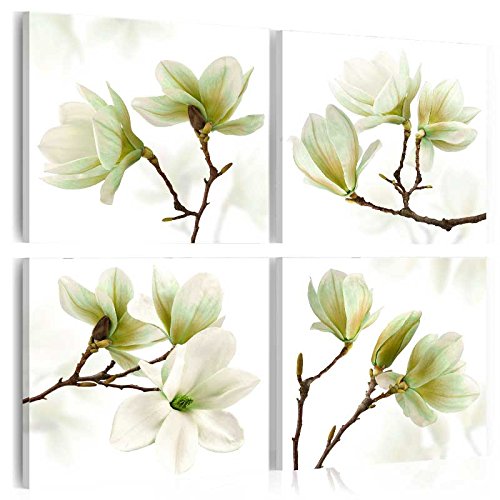 murando - Bilder Set Blumen 40x40 cm 4 Teilig je 20x20 Vlies Leinwandbild Kunstdruck modern Wandbilder XXL Wanddekoration Design Wand Bild mehrteilig Magnolien weiß grün von B&D XXL