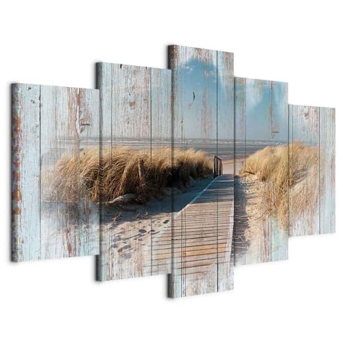 B&D XXL - Wandbilder XXL Strand Meer 100x50cm 5 tlg - Wand Deko Leinwand Bilder Groß Wanddeko Wohnzimmer Schlafzimmer Kunstdrucke - Holzoptik Landschaft Natur Brücke c-C-0029-b-n von Cuadros B&D XXL