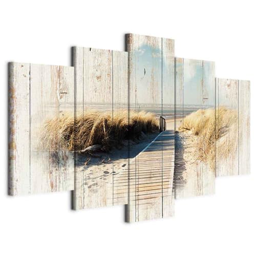 B&D XXL - Wandbilder XXL Strand Meer 200x100cm 5 tlg - Wand Deko Leinwand Bilder Groß Wanddeko Wohnzimmer Schlafzimmer Kunstdrucke - Holzoptik Landschaft Natur Brücke c-C-0029-b-o von Cuadros B&D XXL