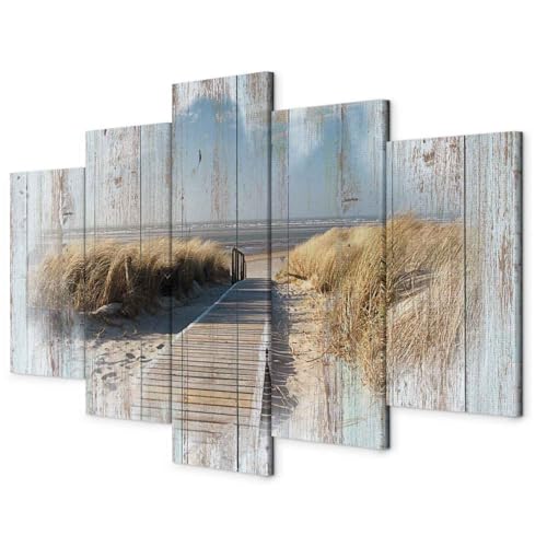 B&D XXL - Leinwandbilder Strand Meer 225x112 cm Vlies Leinwandbild 5 tlg Kunstdruck leinwand Bilder Wandbilder Groß XXL Wanddekoration Design Wand Bild - Holzoptik Landschaft Natur Brücke c-C-0029-b-n von B&D XXL