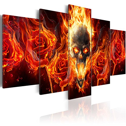 murando - Bilder Totenkopf 150x75 cm Vlies Leinwandbild 5 tlg Kunstdruck modern Wandbilder XXL Wanddekoration Design Wand Bild - Blumen Rose Rauch Flamme Feuer Abstrakt von B&D XXL