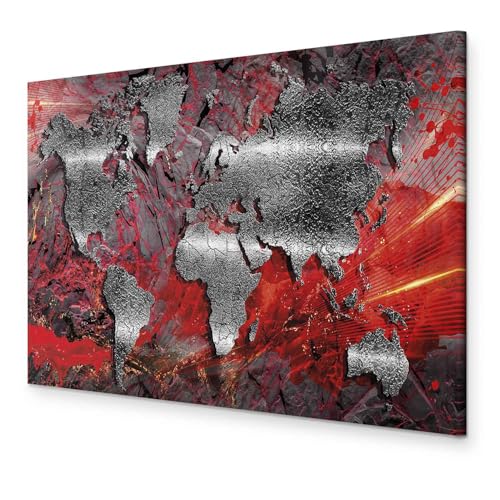 B&D XXL - Wandbilder Weltkarte 60x40 cm 1 tlg - Wand Deko Vlies Leinwand Bilder Groß Wanddeko Wohnzimmer Schlafzimmer Kunstdrucke - Abstrakt Kontinente Landkarte World Map Textur rot silber von B&D XXL