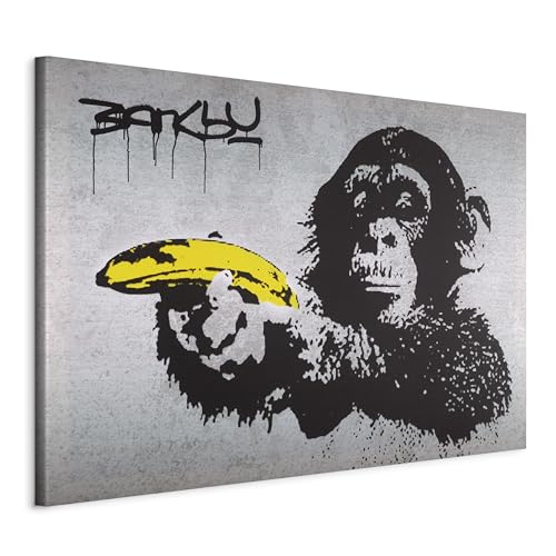B&D XXL - Handart Banksy Kunstdruck auf Leinwand 120x80 cm 1 tlg Groß Kunstbilder wie Handgemalte Wandbilder XXL mit Acrylgel beschichtet Wand Bilder mit Struktur Monkey with Banana 030115-40 von B&D XXL