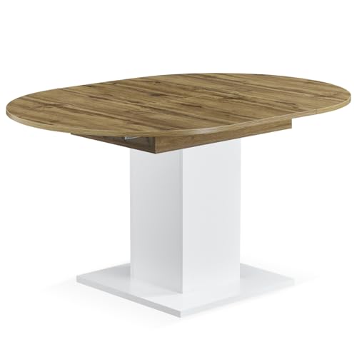 B&D home® ausziehbarer Esstisch WIM 100 – 140 × 100 cm – moderner Säulentisch aus Natureiche mit weißer Mittelsäule, Holztisch für Küche & Esszimmer von B&D home