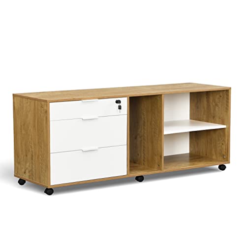 B&D home Rollcontainer MIKA | Aktenschrank mit Schubladen und Regalen abschließbar Schreibtischcontainer | Landhaus skandinavisch Design | Wildeiche-Weiß, 150 cm breit, 12201-150-WEIS von B&D home