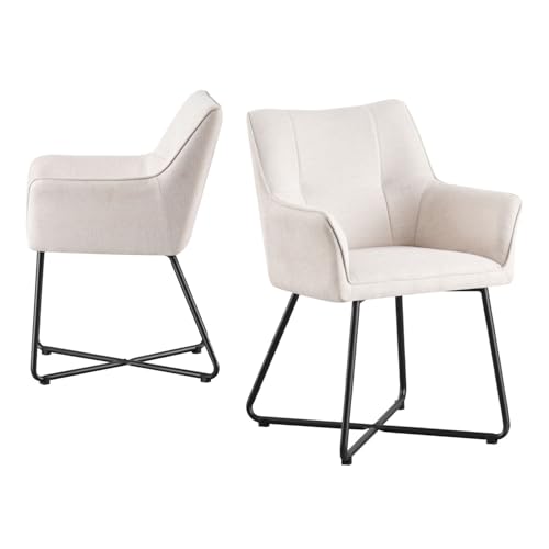 B&D home® Esszimmerstühle BREIGHT 2er Set – Polsterstuhl mit Armlehnen, Loungesessel-Schalenform, Webstoff Creme, stabiles Metallgestell Schwarz, Industrial-Modern Design für Küche, Esszimmer & Büro von B&D home