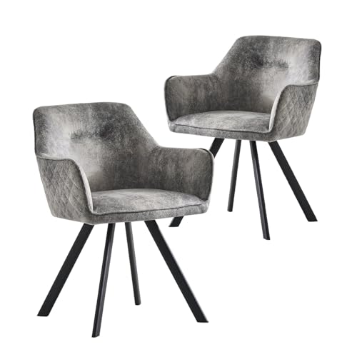 B&D home® Esszimmerstühle Cyrus 2er-Set – Polsterstuhl mit Armlehnen, Wildleder Optik Grau, stabiles Metallgestell schwarz, moderner Industrial-Look für Küche, Esszimmer & Wohnzimmer von B&D home