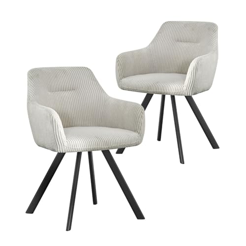 B&D home® Esszimmerstühle Cyrus 2er-Set – Polsterstuhl mit Armlehnen, Cordstoff Hellgrau, stabiles Metallgestell schwarz, moderner Industrial-Look für Küche, Esszimmer & Wohnzimmer von B&D home