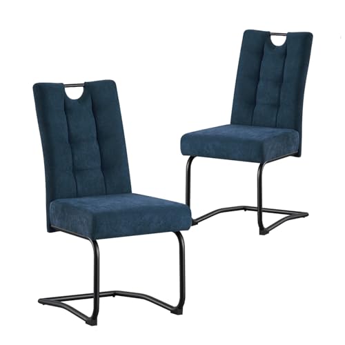 B&D home® Esszimmerstühle Sofia 2er Set – Freischwinger Schwingstuhl, gepolsterte Sitzschale mit Griff, Webstoff Blau, Metallkufe schwarz, Retro-Industrial Design für Esszimmer, Küche & Büro von B&D home