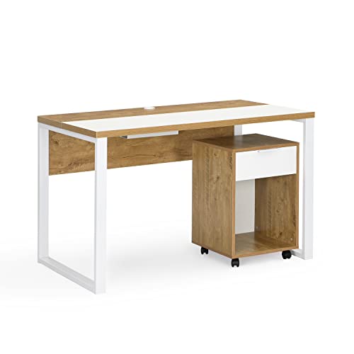 B&D home Schreibtisch mit Rollcontainer Set | Bürotisch Computertisch mit Schublade Ablagefläche für Jugendzimmer, Büro, Arbeitszimmer | modern Design | Wildeiche Optik, 12103-120-WEIS-2S von B&D home