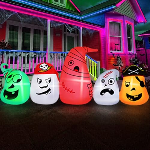 B&D 2,4 m lange Halloween-aufblasbare Outdoor-Dekorationen, 5 Piratengeister mit farbwechselnden RGB-Lichtern, aufblasbare Hofdekoration, aufblasbarer Geist für Halloween, Innen- und Außenbereich von B&D