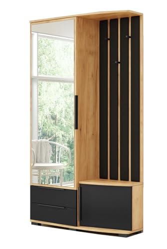 B&M Furniture Garderobe Loft Links - mit Sitzgelegenheit, Kleiderständer und Spiegel - Loft-Stil - 100x35x190 cm - Korpus in Craft Gold, Fronten in Schwarz/Craft Gold, Gepolsterte Paneele von B&M Furniture