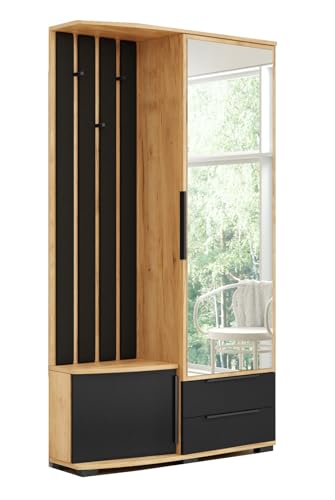 B&M Furniture Garderobe Loft Rechts - mit Sitzgelegenheit, Kleiderständer und Spiegel - Loft-Stil - 100x35x190 cm - Korpus in Craft Gold, Fronten in Schwarz/Craft Gold, Gepolsterte Paneele von B&M Furniture