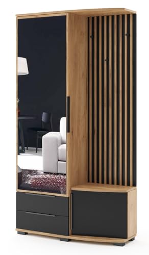 B&M Furniture Garderobe Sorento Links - mit Sitzgelegenheit, Kleiderständer und Spiegel - Loft-Stil - 100x35x190 cm - Korpus Craft Gold, Fronten Schwarz/Craft Gold, Lamellen Craft Gold von B&M Furniture