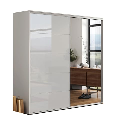 B&M Furniture Großer Kleiderschrank mit Schiebetür aus Glas/Lacobel und Spiegel - mit Einlegeböden und Kleiderstange - für Garderobe, Schlafzimmer - 2-türig - Freistehend - Weiß - 150 cm B, 245 cm H von B&M Furniture