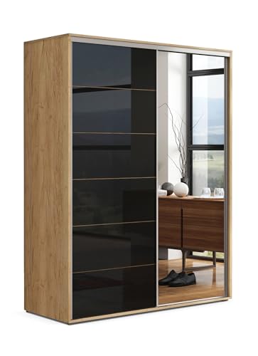 B&M Furniture Großer Kleiderschrank mit Schiebetür aus Glas/Lacobel und Spiegel - mit Einlegeböden und Kleiderstange für Garderobe - 2-türig - Craft Gold, Lacobel Schwarz - 125 X 62 X 215 cm (B/T/H) von B&M Furniture