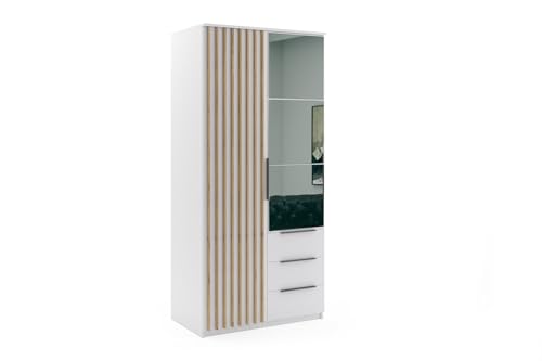 B&M Furniture Kleiderschrank mit Drehtüren, Schubladen und Spiegel - mit Einlegeböden und Kleiderstange - für Garderobe, Schlafzimmer - mit Lamellen aus Holzimitat - Weiß - 100 cm B, 215 cm H von B&M Furniture