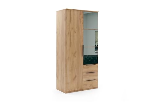 B&M Furniture Kleiderschrank mit Drehtüren,Schubladen und Spiegel - mit Einlegeböden und Kleiderstange - für Garderobe, Schlafzimmer - Modern - Eiche Gold Craft Holzimitat - 100 cm B, 215 cm H von B&M Furniture