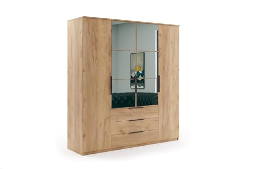 B&M Furniture Kleiderschrank mit Drehtüren,Schubladen und Spiegel - mit Einlegeböden und Kleiderstange - für Garderobe, Schlafzimmer - Modern - Eiche Gold Craft Holzimitat - 200 cm B, 215 cm H von B&M Furniture