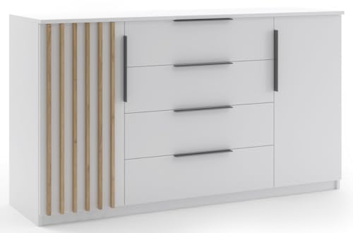 B&M Furniture Kommode mit Lamellen Kair - Moderne Kommode Minimalistisch, Loft-Stil - 160x48x89 cm - Gehäuse Weiß, Fronten Weiß, Lamellen Craft Gold von B&M Furniture