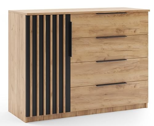 B&M Furniture Kommode mit Lamellen Sorento - Moderne Kommode Minimalistisch, Loft-Stil - 120x48x89 cm - Korpus Craft Gold, Fronten Schwarz/Craft Gold, Lamellen Craft Gold von B&M Furniture